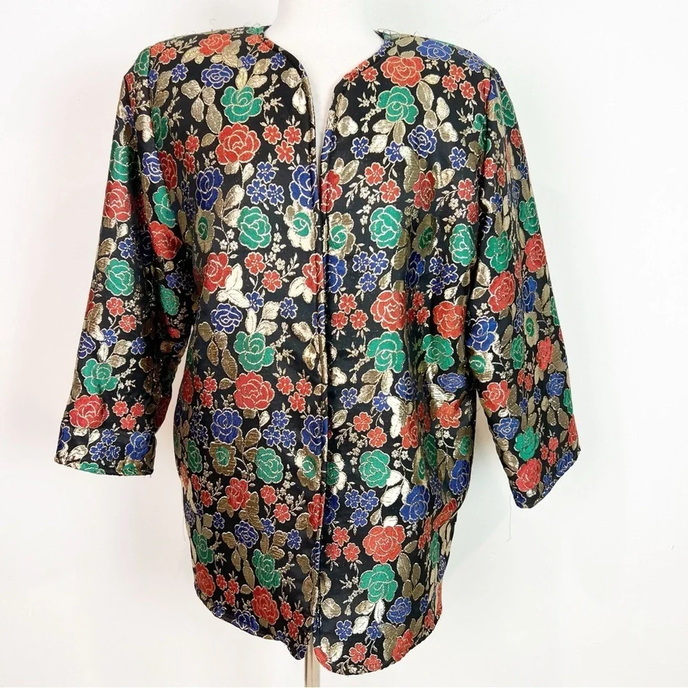 L ROTHSCHILD BLACK GOLD GREEN EMBROIDERED FLORAL VINTAGE BROCADE JACKET MEDIUM - Picture 2 of 8